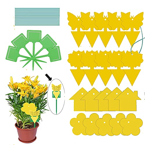 LYPER 25 Pcs Fly Traps Set - Included 20pcs Fruit Sticky Fly Paper with Lanyard and 5pcs Supporting Poles,Dual-Sided Yellow Sticky Traps in Four Different Shapes for House Plant Fly Insect Control