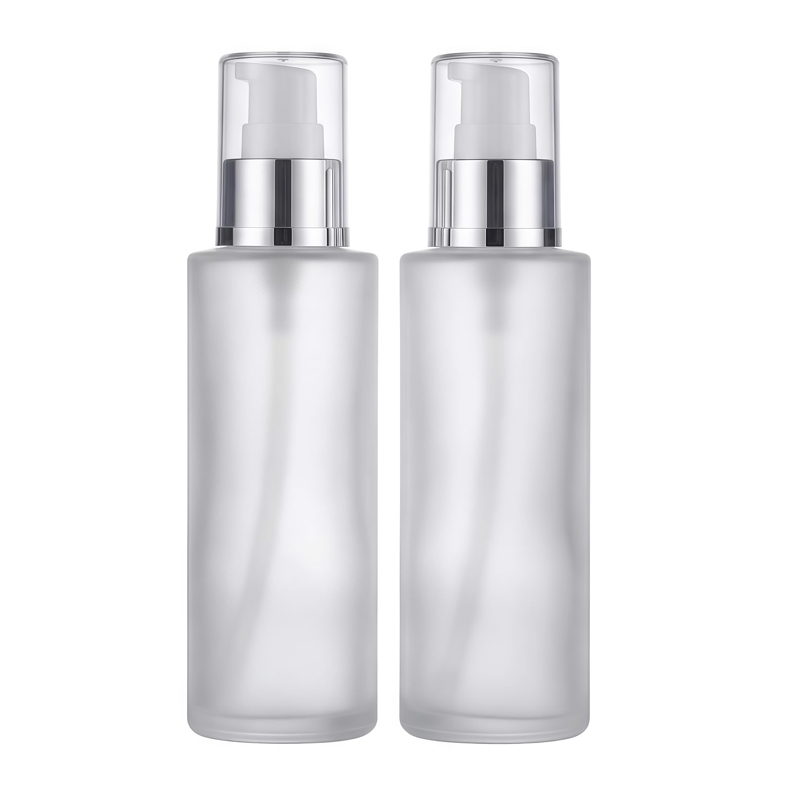QUUPY 2PCS 100ml/3.5oz Empty Refillable Frosted Glass Foundation Bottle Travel Pump Containers Makeup Cosmetic Storage Vials Jar Pot for Lotion Cream Serums Liquids
