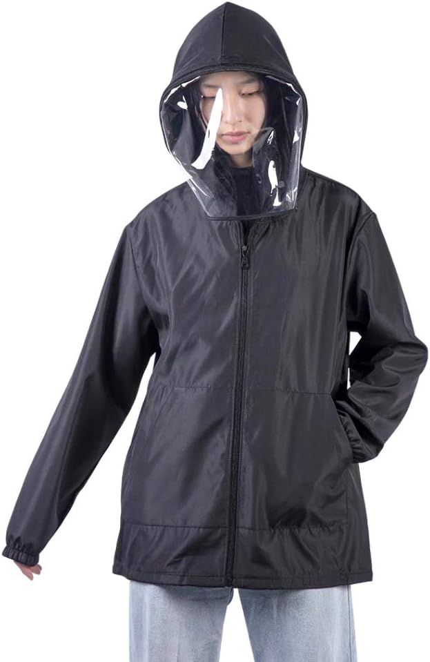 beautijiam Unisex Anti-Fog Hooded Top Protective Clothing Isolation with Face Shield Coat, Reusable Raincoat Anti-Fog Hooded Protective Clothing Jacket Black L
