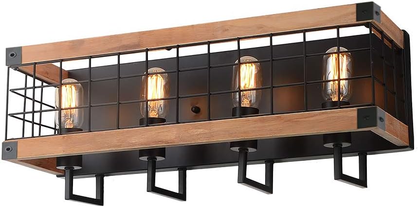 Anmytek Rectangle Wood Wall Lamp with Iron Mesh Cover Industrial Wall Sconce Black Finish Vintage Stylish Bathroom Lighting Log Cabin Home Retro Edison Sconce Lighting Fixtures 4-Lights (W0046)