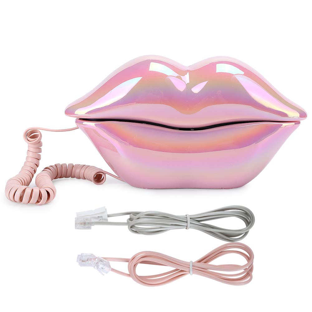 Lip Telephone, Fashionable Pink Cute Lip Shaped Landline Shining Electroplating Desk Corded Phone for Decoration Gift