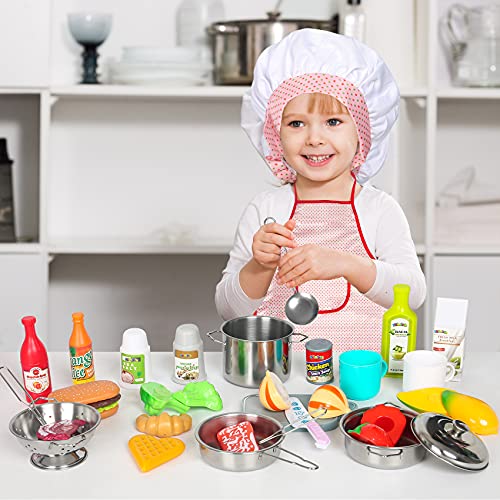 Shimirth 37PCS Pretend Play Kitchen Accessories, Kids Kitchen Playset Stainless Steel Play Pots and Pans Sets for Kids, Apron & Chef Hat, Cooking Utensils, Play Food, Kitchen Toys, Gift for Boys Girls