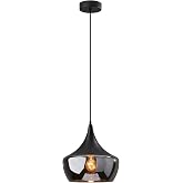 Adesso Hanging Pendant, Black &amp; Smoked Glass Dome, Adjustable | Ceiling Light with Smoked Glass Dome Shade and Adjustable Hanging Length for Kitchen, Living Room, Dining Area, or Office