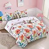 YMY Lightweight Microfiber Bedding Duvet Cover Set, Colorful Floral Pattern (Floral in White, Queen)