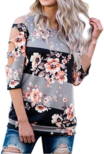 KESEE Loose Casual Print T Shirts Cut Out Shoulder Tops and Blouses (S)