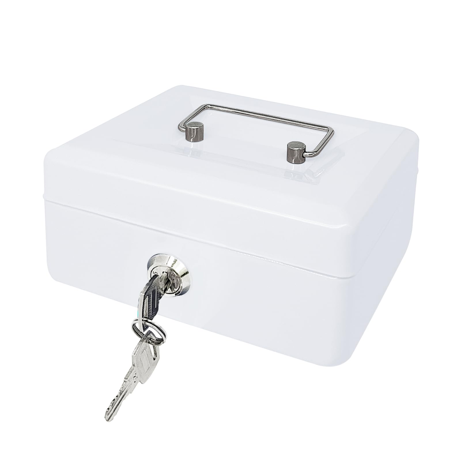 Steel Cash Box with Key Lock, Metal Small Money Organizer with Money Tray,Cash Storage Box with Lockable Cover (White-15 * 12 * 8 CM)