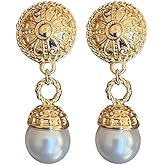 Vintage Gold Filigree Pearl Drop Earrings, Elegant Round Dangle Earrings with Classic Baroque Style for Women, Statement Jewelry Gift