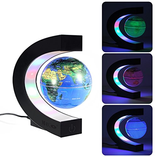 MECO 3'' C Shape Magnetic Levitation Floating Globe Illuminated and Changeable Color Globe World Map with Colored LED Light, Great Christmas Gifts, Desk Decoration Blue