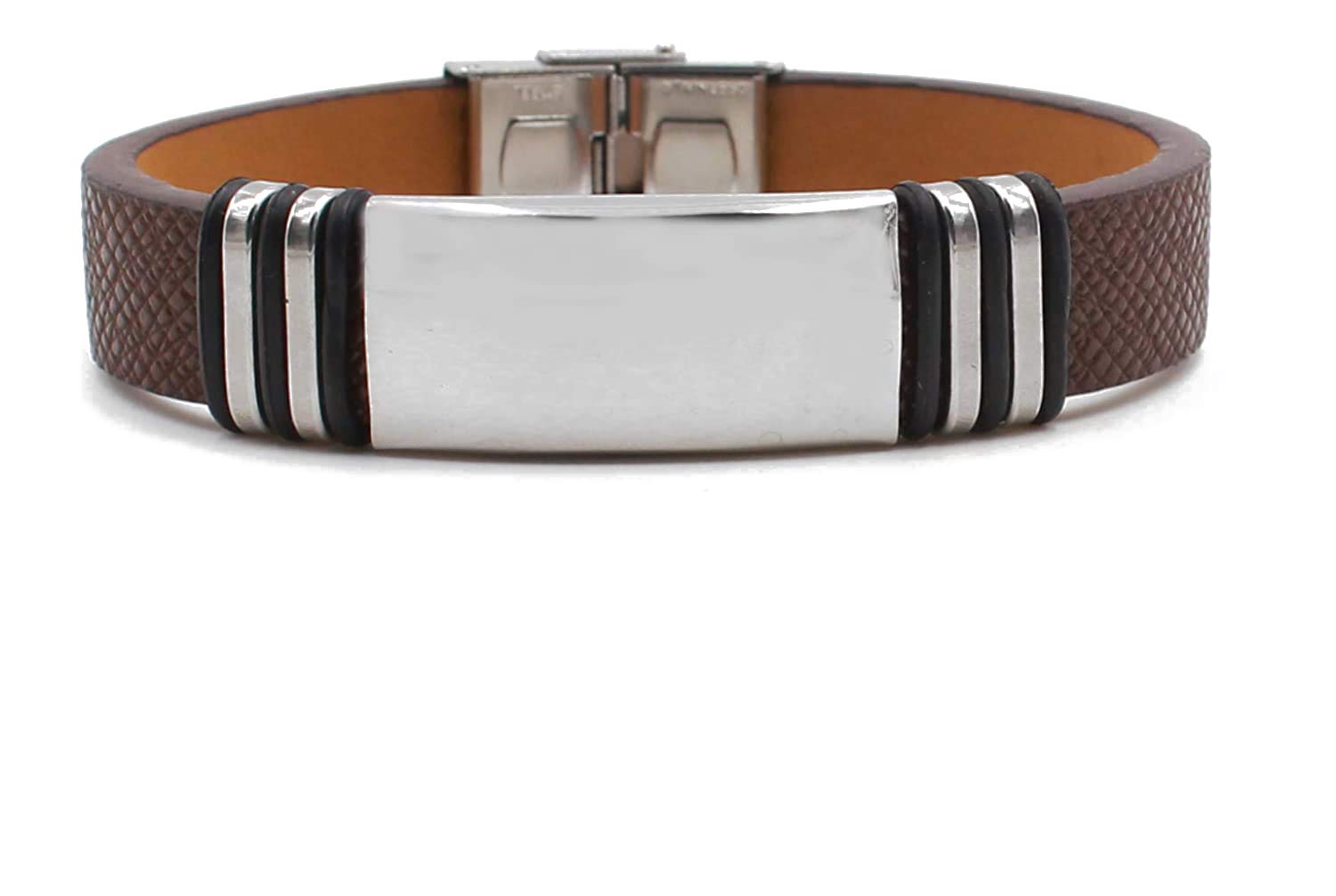 Kigu Dark Brown Grain Leather Bracelet with a Steel Bar & Four Steel Casings