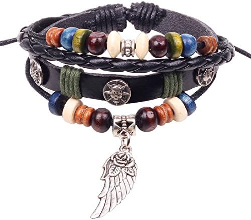 Ysiop Men Women Retro Leather Bracelet Bohemia PU Braid Wristband Fashion Wood Beads Hemp Rope Wraps and Bangles Wing