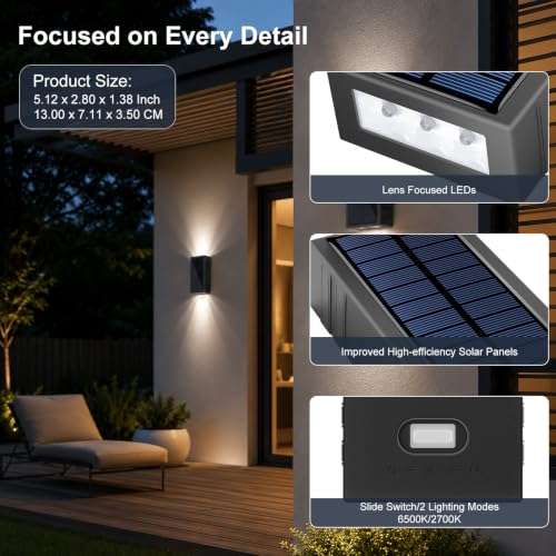 Lacasa Luz Solar Exterior de Pared, 2 Pack 2 Modos Luces Solares Apliques | 2 Colores en 1 (2700K/6500K), Impermeable IP65, Up & Down Iluminación Auto On/Off, LED Lampara Solar para Jardin Garaje Patio