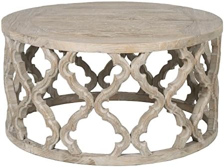Amazon Com Benjara Benzara Round Wooden Coffee Table In Quatrefoil Design Brown One Furniture Decor