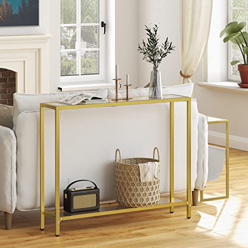 HOOBRO Gold Console Table for Living Room, 100 cm Narrow Long Sofa Table with Tempered Glass, 2 Tier Skinny Entryway Table with Open Shelves, Slim Hallway Table with Metal Frames, Gold EGD04XG01