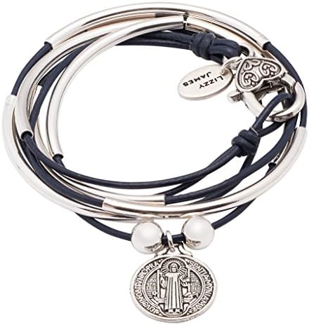 Girlfriend Wrap with Saint Benedict Charm Silverplate Small Bracelet Necklace with Gloss Navy Leather Wrap by Lizzy James