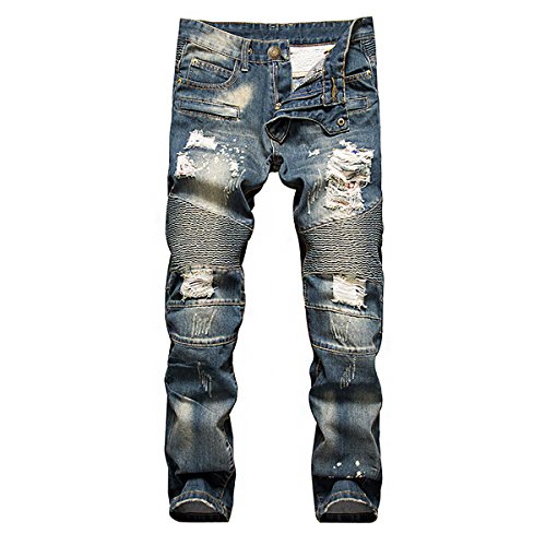 MAGE MALE Men's Ripped Biker Jeans Slim Fit Straight Destroyed Trousers with Zipper Deck Retro Blue 33 W