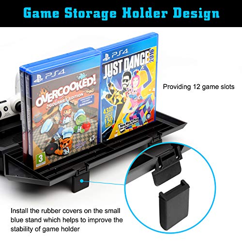 MOCREO Vertical Stand with Cooling Fan for PS4 / PS4 Pro, Dual Controller Charger Station with 12 Game Storage and Dualshock Charger with 3 Extra USB HUB Port