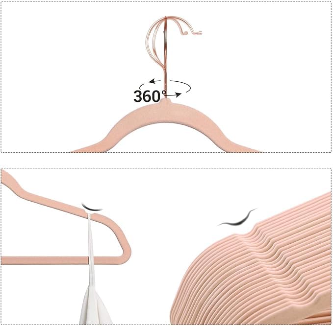 HilmGear Velvet Hangers, Set of 50 Packs Clothes Hanger with Rose Gold Swivel Hook, Non-Slip, and Space-Saving, 0.2-Inch Thick, 17.1-Inch Long for Coat, Shirt, Dress, Pants, Tie (Pink, One Size)