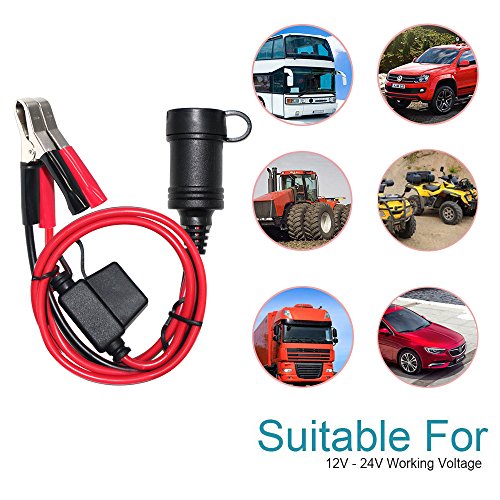[2 Pack] KUNCAN Car Battery Clamp-on Extension Charge Cable - Female Car Cigarette Lighter Socket to Battery Alligator Crocodile Clips Connector with 10A Fuse 2FT 12V 24V - Thumbnail 2