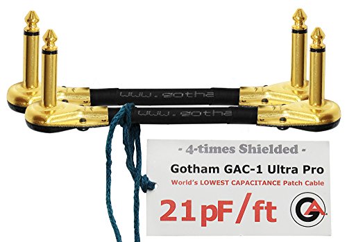 2 Units - 4 Inch - Gotham GAC-1 Ultra Pro - Low-Cap (21pF/ft) Guitar Bass Effects Instrument, Patch Cable & Gold (6.35mm) Low-Profile R/A Pancake type Connectors - CUSTOM MADE By WORLDS BEST CABLES
