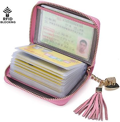 Card Wallet Women Credit Card Holder Wallet Leather Zipper Wallet RFID Blocking(6 Colors,20 Card Slots)-Pink