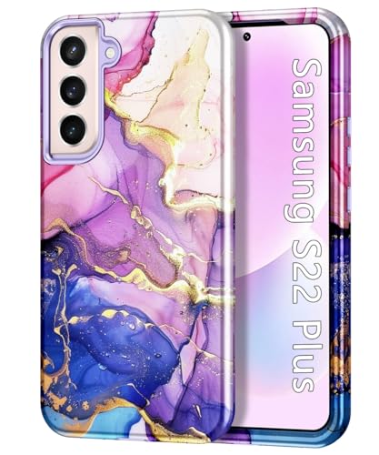Btscase for Samsung Galaxy S22 Plus 5G Case, Marble Pattern 3 in 1 Heavy Duty Shockproof Full Body Rugged Hard PC+Soft Silicone Drop Protective Women Girl Covers for S22 Plus, Purple Blue