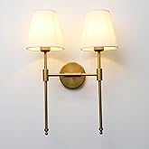 PERMO Classic Rustic Double Sconce Large 2-Lights Wall Sconce with Flared White Textile Lamp Shade and Antique Brass Finished