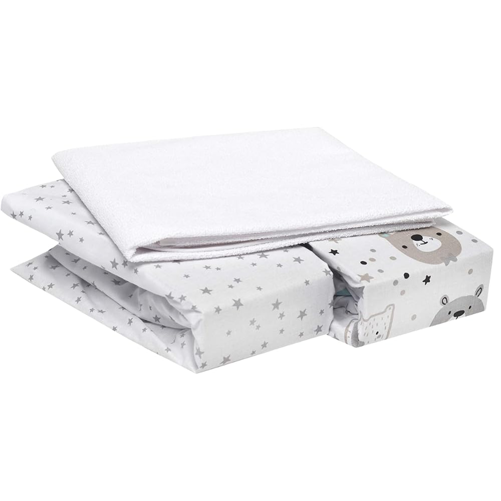 FlyIdeas 3-Piece Bedding Set for Cots and Cribs – 2 Cotton Fitted Sheets & 1 Waterproof Mattress Protector, 120x60 cm – Hypoallergenic, Soft, Breathable Baby Cot Sheets