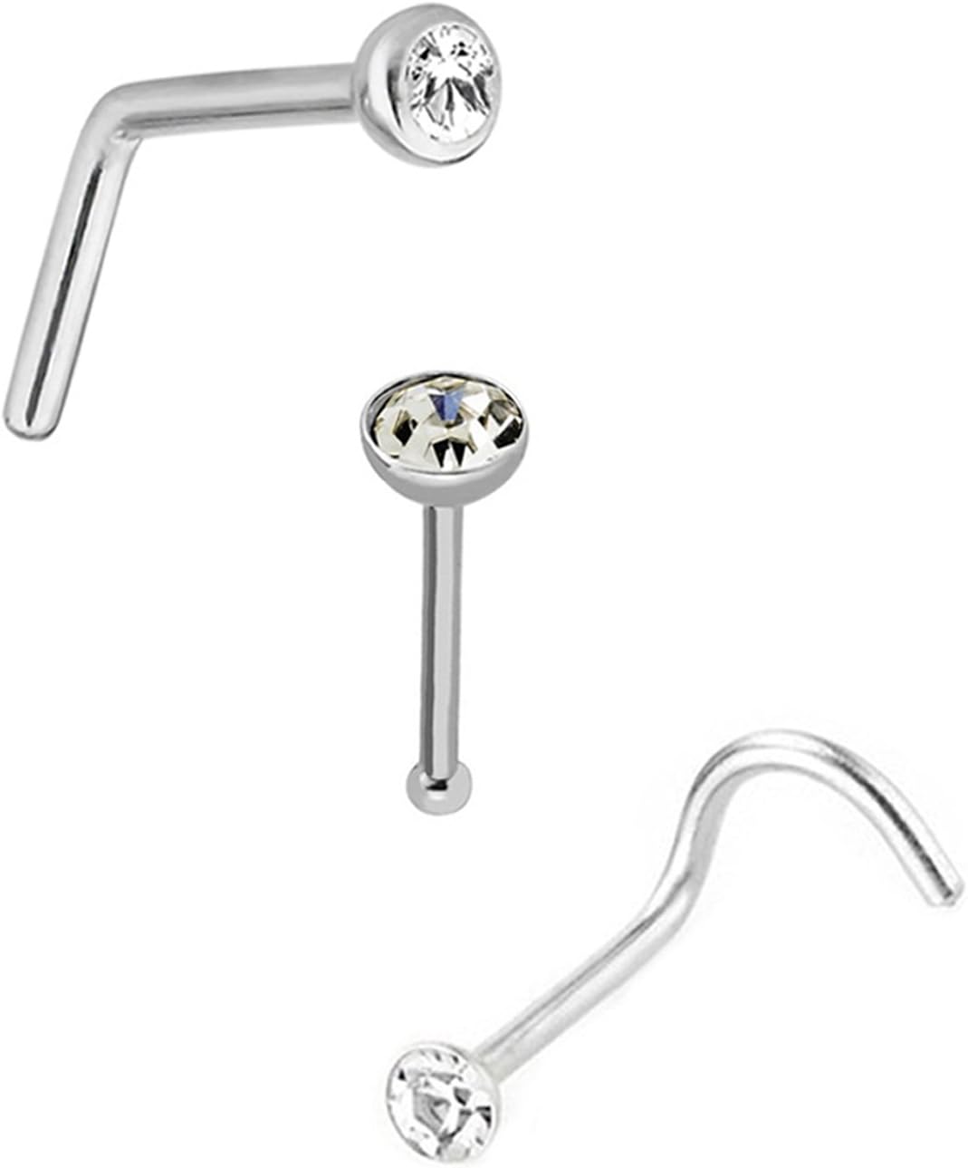 Joybeauti Stainless Steel Crystal Bar Curved L Bend Straight Nose Stud Ring Piercing 20 Gauge