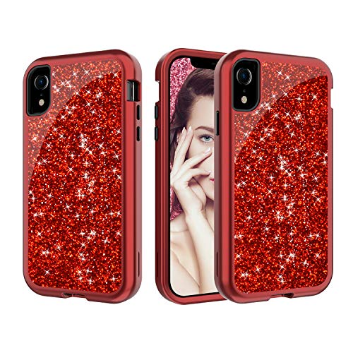 AICase iPhone XR 6.1'' 2018 Shockproof Case, Luxury Glitter Sparkle Bling Heavy Duty Hybrid Sturdy Armor Defender High Impact 3 Layer Protective Case for Apple iPhone XR 6.1''(2018) (Red)