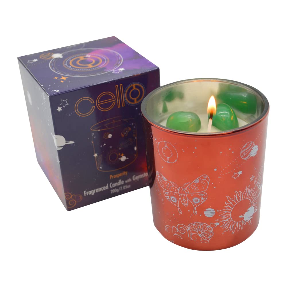 Cello Celestial Scented Candle with Amethyst & Aventurine Gemstones | Metallic Jar with Green Crystals | Luxury Gift for Men & Women, Relaxing Home Fragrance