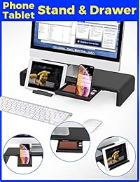 Expositor de monitor para ordenador portátil, estante elevador con cajón organizador, longitud ajustable, altavoz para TV, PC, ordenador portátil, organizador de escritorio, EURPMASK (negro)