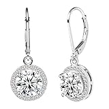 Jane Stone Sterling Silver Earrings Cubic Zirconia Halo Earrings Leverback Earrings Round Rhinestone Dangle Earrings Wedding Jewelry for Women Bridal
