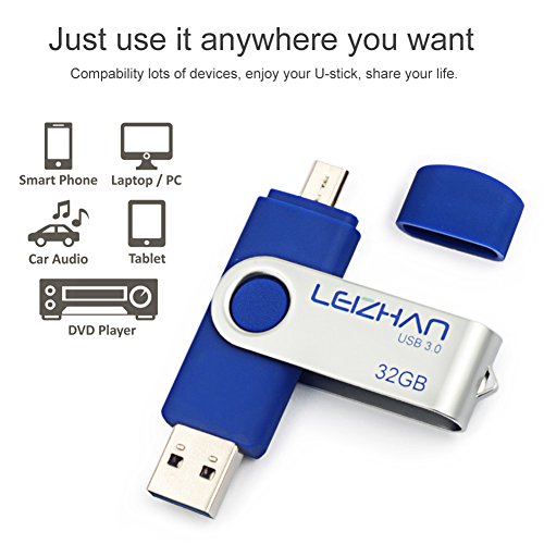 leizhan USB Flash Drive 32GB USB 3.0 Micro Pendrive for Samsung Galaxy S7 S6 S5 S4 S3, Xiaomi,LG,Sony, One-Plus,HTC, Meizu,Blue