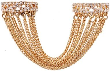 Small Island 18ct Gold Plated Linked Double Ring with Long Beautiful Tassel Chains 1.7cm - Funky Modern and Pretty Jewellery - in Organza Bag.