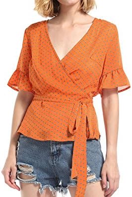 Mistere Fashion shor Sleeved Wave Point Printed Chiffon Women's Female,Medium,OrangeYellow
