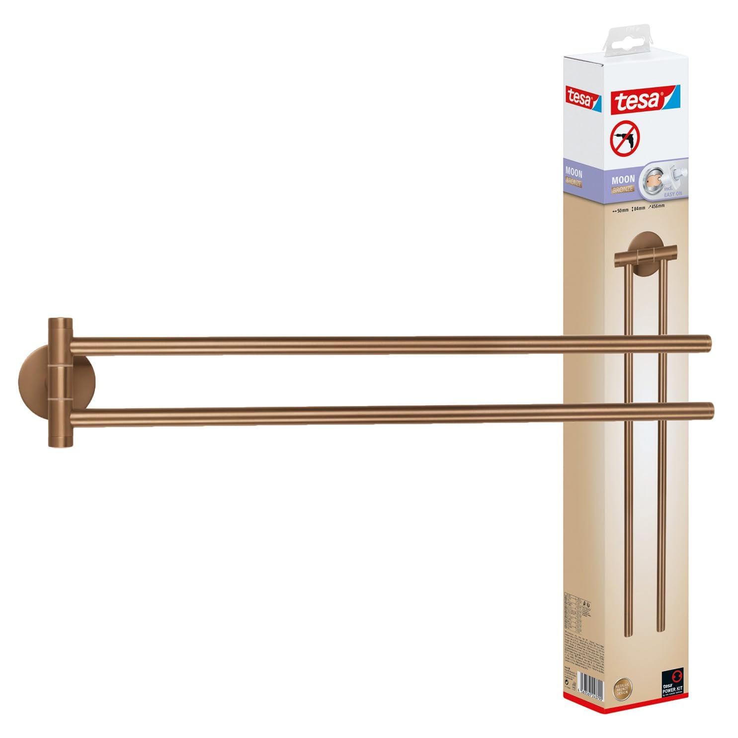 tesa Moon Toallero Autoadhesivo de 2 Brazos - Doble Barra de Metal Revestido de PVD, Cepillado en Bronce - sin Taladrar, Incluye Solución Adhesiva - 84 mm x 50 mm x 456 mm