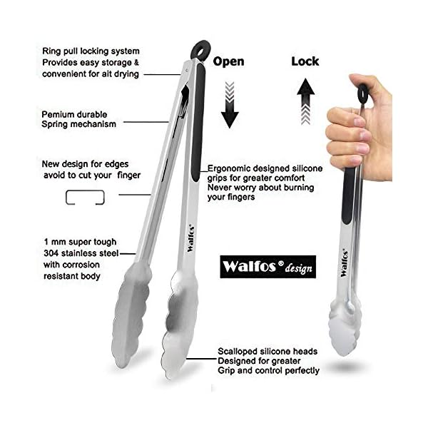 Walfos Food Grade Stainless Steel Kitchen Tongs for Cooking,BBQ - 7 ，9 and 12 Inch,Set of 3 Heavy Duty Locking Metal…