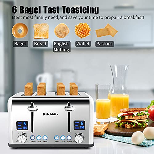 Toaster 4 Slice, KitchMix Bagel Stainless Toaster with LCD Timer, Extra