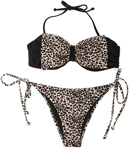 Jiamei Women Sexy Leopard Playful Bow Black Bandeau Top Bikini Sets Swimwear (M)