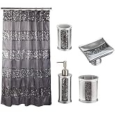 Popular Bath 5 Piece Sinatra Silver Shower Curtain and Resin Bath Accessory Set