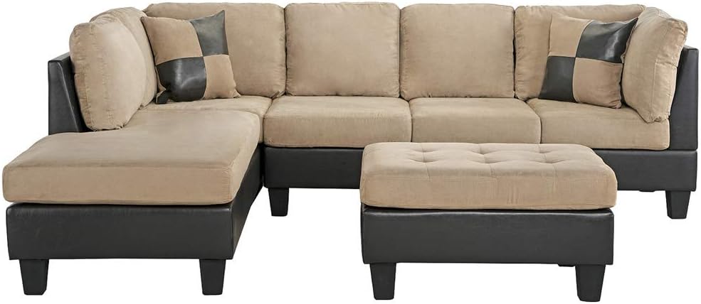 Casa Andrea Modern 3-Piece Microfiber and Faux Leather Sofa and Ottoman Set, 102" W (Beige): Furniture & Decor