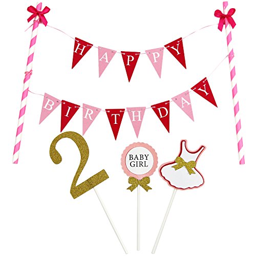 KUNGYO Mini Happy Birthday Cake Bunting Banner Cake Topper Garland - Handmade Pennant Flags 2nd 2 Years Old Baby Girl Birthday Party Cake Decoration Supplies