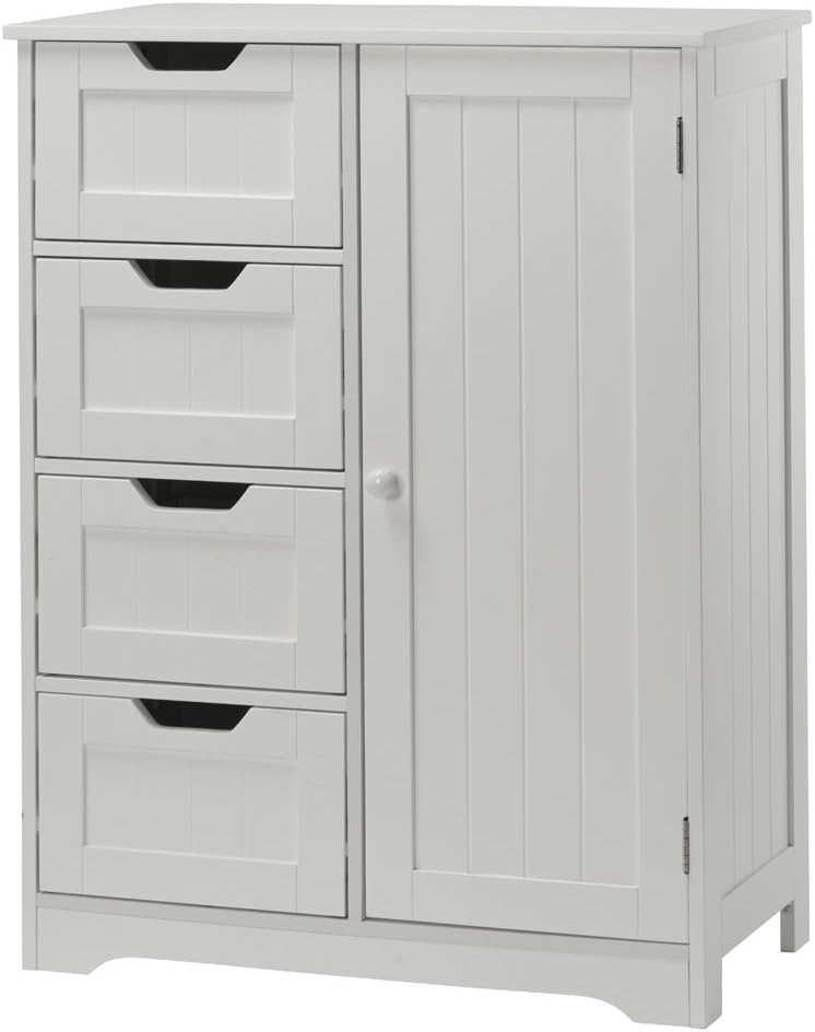 YourHome White Wooden Stylish Bathroom Storage Furniture Cabinet (4 Drawers + 1 Cupboard)