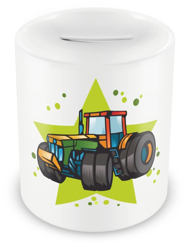 Samunshi® Children's Box with Tractor Motif for Boys and Girls Piggy Bank White