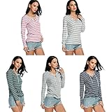 Bluetime Womens Casual V Neck Lace Up Striped Long Sleeve T-Shirt Tops