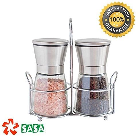 SALE Salt & Pepper Mill set With Matching Stand Grinder Set -Adjustable Ceramic Rotor | Glass Body | Stainless Steel Stand | Salt Mill and Pepper Mill | Kitchen Tool-100%