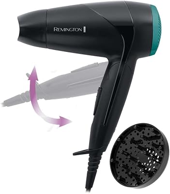 Haartrockner [klein & klappbar & leistungsstark] On The Go (2000 W, weltweite Spannungsanpassung 120/220-240V, Stylingdüse & Diffusor, 2 Kombi-Heiz- & Gebläsestufen) Reisehaartrockner D1500