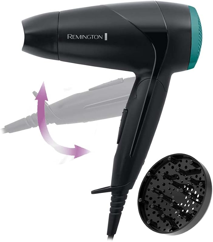 Haartrockner [klein & klappbar & leistungsstark] On The Go (2000 W, weltweite Spannungsanpassung 120/220-240V, Stylingdüse & Diffusor, 2 Kombi-Heiz- & Gebläsestufen) Reisehaartrockner D1500