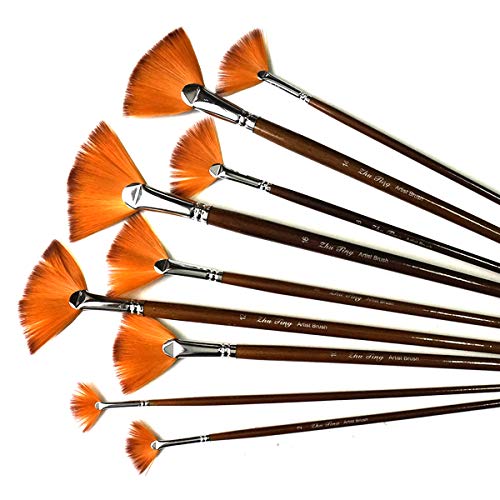 Gnognauq 9pcs Fan Brushes,Soft AntiShedding Nylon Hair Wood Long Handle Paint Brush for