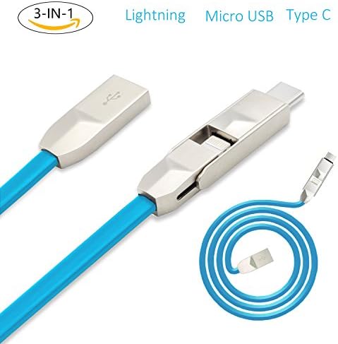 3 in 1 Charging Cable, Vinpok Type C / Lightning / Micro USB Multiple Data Cable for iPhone iPad Android Phones and More (Blue)